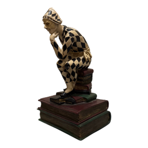 French Art Deco Hand-Painted Harlequin "The Thinker" Jester Bookend