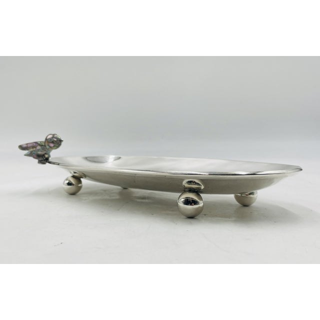 Metal Vintage Footed Tray With Abalone Bird by Los Castillo, Mexican Modernism For Sale - Image 7 of 18