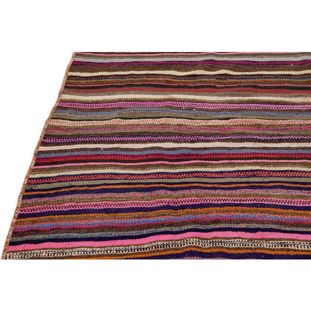 Vintage Kilim Handmade Flatweave Multicolor Striped Wool Runner For Sale - Image 4 of 10