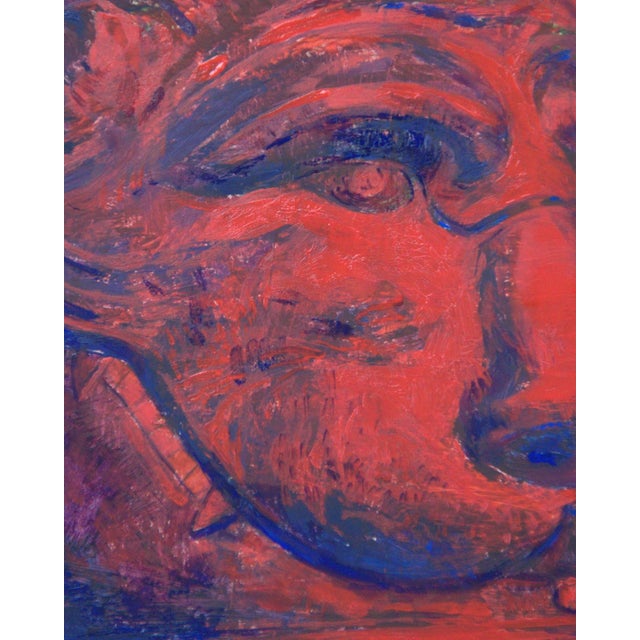 Wild Animal by Elena Burykina | Oil on panel Head of a stylized lion sculpture on a red background. For Sale - Image 4 of 5