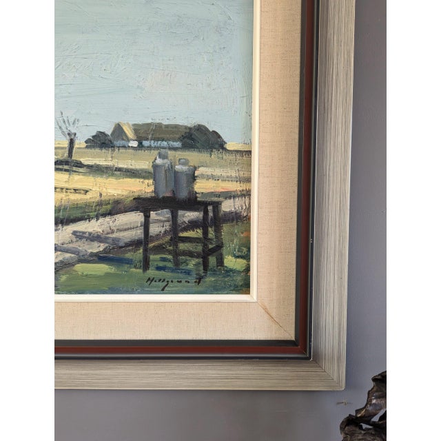 Blue Mid-Century Modern 'Quiet Days on the Farm' Vintage Original Swedish Landscape Oil Painting, Framed For Sale - Image 8 of 11