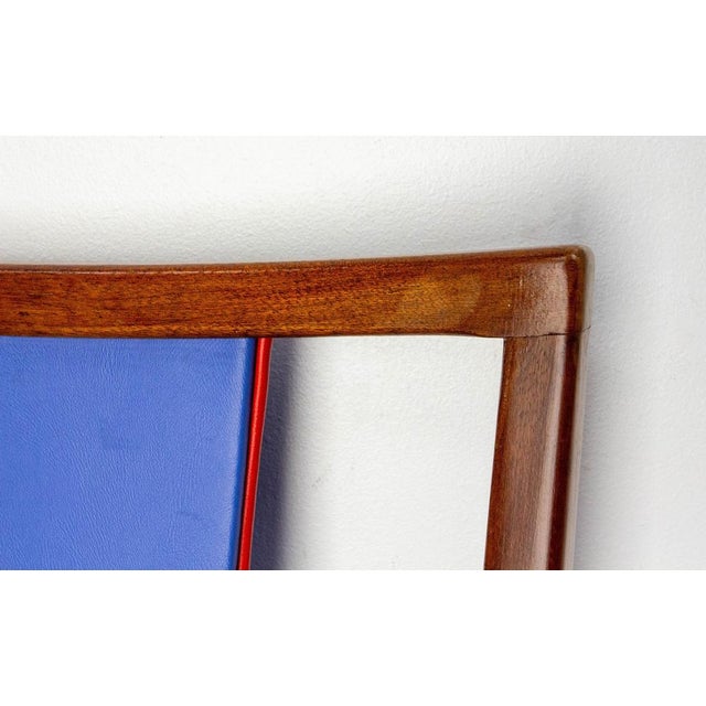 Wood Mid-Century French Blue Red Border Dining Chairs in Teak and Skai, 1960, Set of 6 For Sale - Image 7 of 14