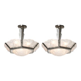 Pair of Art Deco Hexagonal Frosted Glass & Nickeled Bronze Chandeliers by Degue For Sale