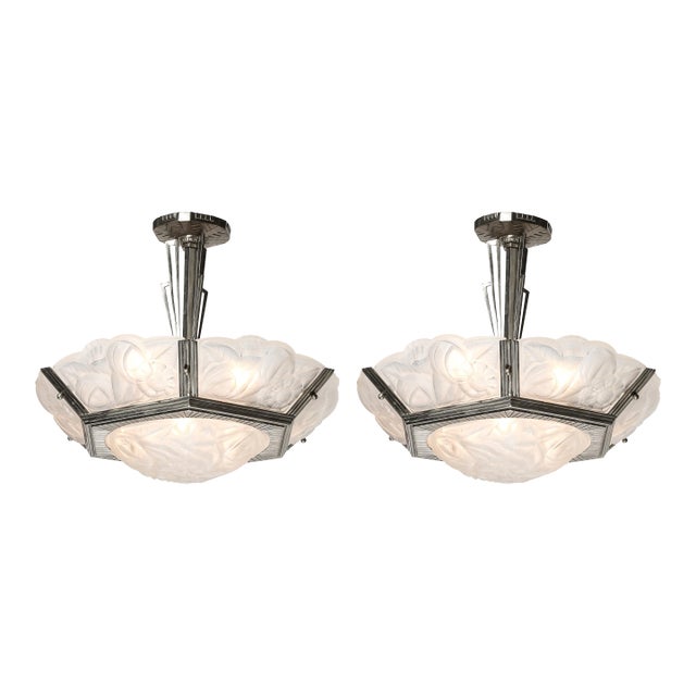 Pair of Art Deco Hexagonal Frosted Glass & Nickeled Bronze Chandeliers by Degue For Sale