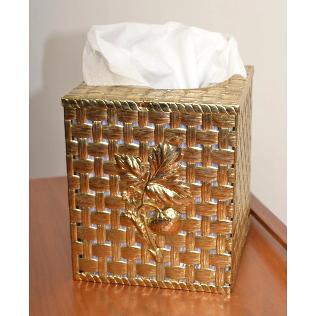 1980s 1980s Hollywood Regency Handwoven Gold Lattice Metal Tissue Box Cover For Sale - Image 5 of 12