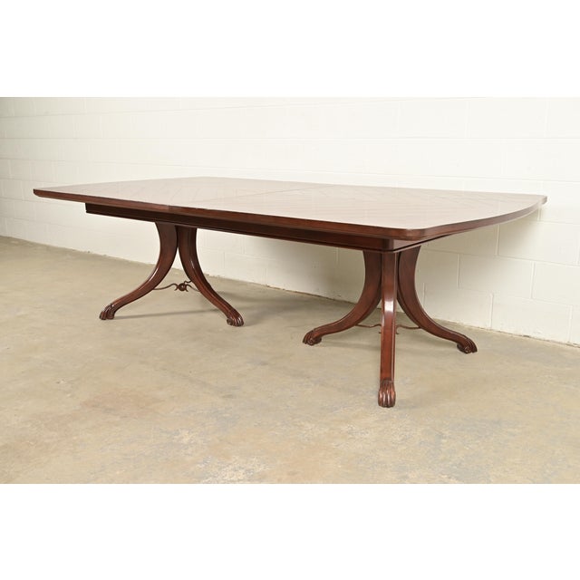 French Provincial Italian Provincial Carved Cherry Wood and Inlaid Brass Double Pedestal Extension Dining Table by Emanuel Morez For Sale - Image 3 of 13