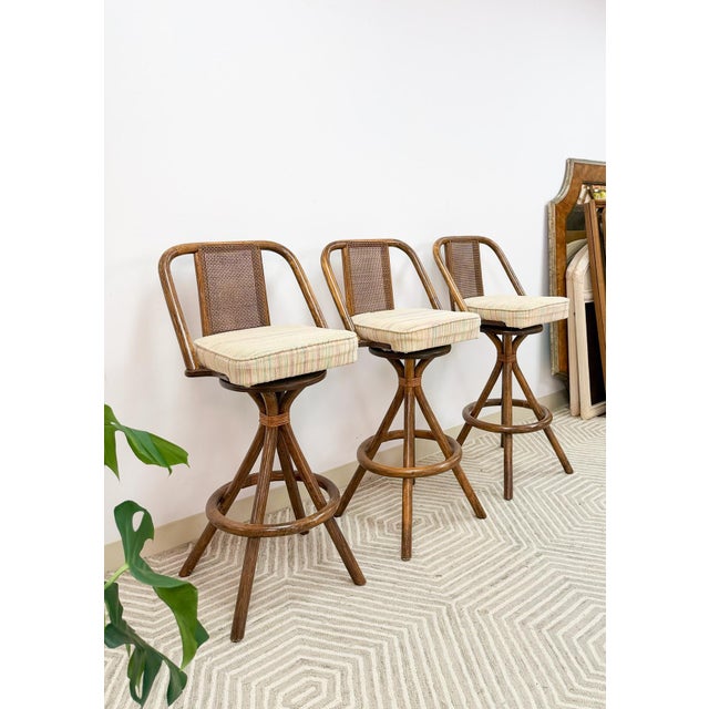 3 Vintage Coastal Bamboo Barstools Dark Rattan W/ Beige Cushions and Caned Back For Sale - Image 4 of 10