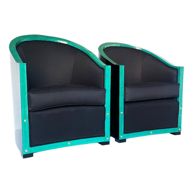 Set of Deco Armchairs in Wood and Green Parchment, 1930s For Sale