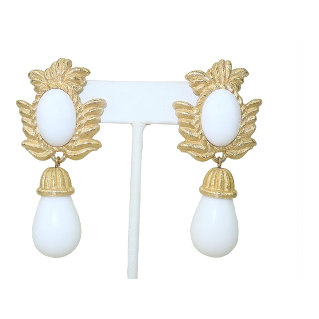 Givenchy Gold Plate White Drop Dangle Earrings, 1980's For Sale