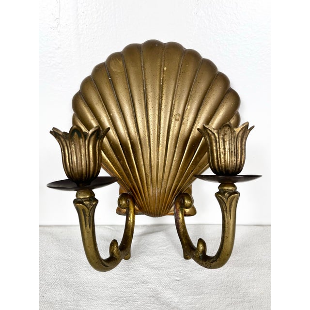 Hollywood Regency Vintage Brass Shell Candle Sconces- A Pair For Sale - Image 3 of 8