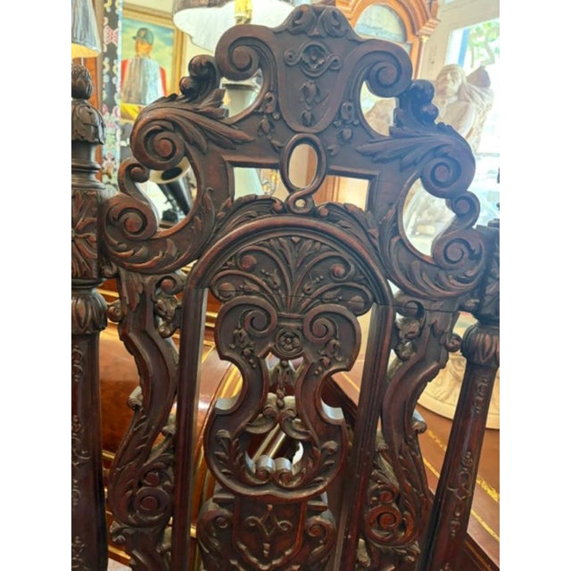 Superb Pair of Antique English High Back Carved Walnut Hall Chairs For Sale - Image 4 of 10