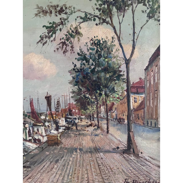 Vintage Original Scandinavian Harbor Oil Painting For Sale - Image 4 of 16
