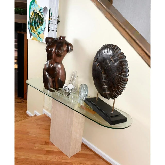 Maitland-Smith Style Brass and Glass Travertine Stone Pedestal Console Table For Sale - Image 6 of 11