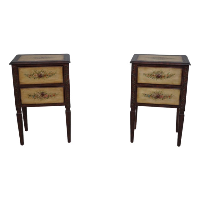 Pair of Venetian Paint Decorated 2 Drawer End Tables Nightstands For Sale