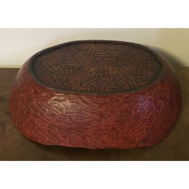Antique Japanese red lacquer carved wood basketweave centerpiece bowl. Measures 15 3/4" x 11 1/2" x 4 1/8" deep. Good...