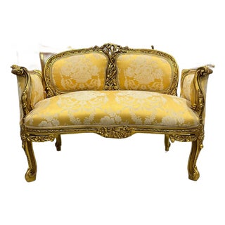 Handcrafted French Gold Sofa – Rococo Style With Designer Upholstery Gold Leaf For Sale