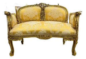 Handcrafted French Gold Sofa – Rococo Style With Designer Upholstery Gold Leaf