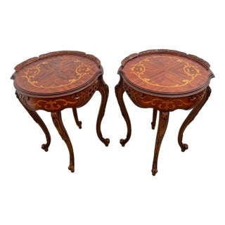 1930s Two French Side Tables, Display, Nightstands, Round Top Floral Marquetry For Sale