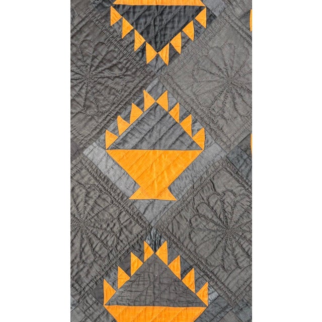 Black Early 20Thc Amish Black Cotton Sateen W/ Wool Pumpkin Baskets Quilt From Ohio For Sale - Image 8 of 10