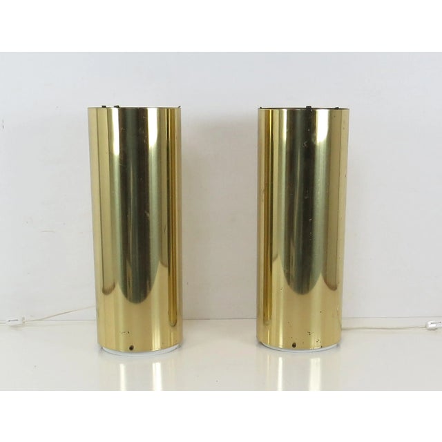 Modern Vintage Brass Cylinder Up Light Lamps Attributed to Robert Sonneman - a Pair For Sale - Image 3 of 12