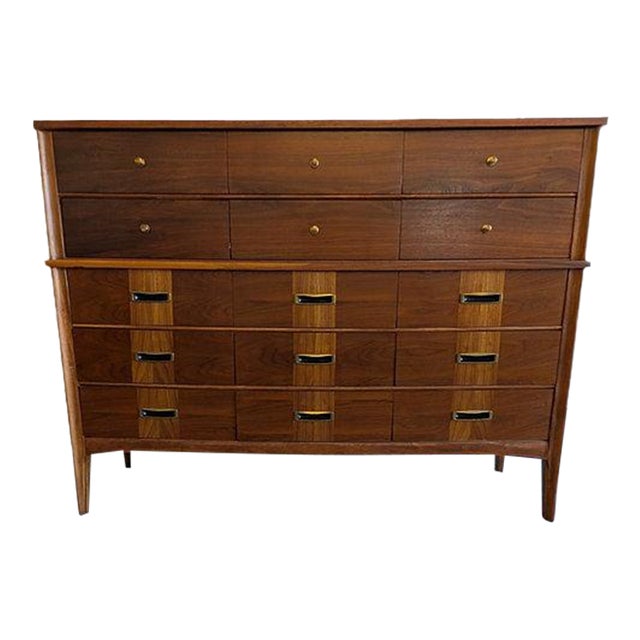 Large Mid-Century Modern Highboy Dresser – 15 Drawer Walnut Credenza. Vintage McM. For Sale