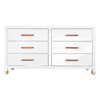 Matthew Izzo Home Winchester Matte White Lacquer Six Drawer Chest With Wrapped Rattan and Brass Handles For Sale