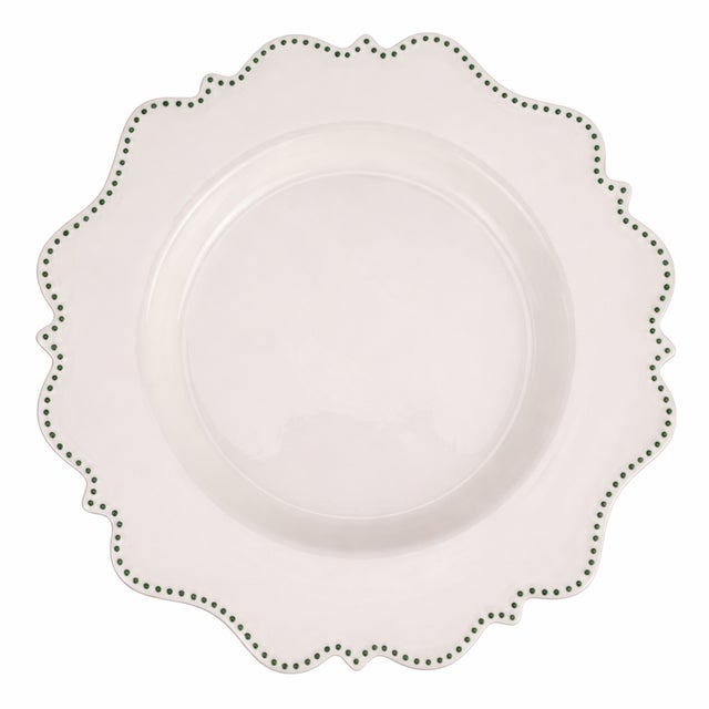 Ivory with Green Beaded Scalloped Charger Plate, 13.5" For Sale