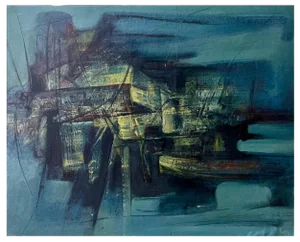 Erwin Mackowiak, Blue Abstract Composition, Oil on Panel, 1960