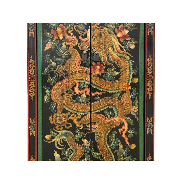 Wood Tibetan Style Golden Dragon Graphic Tall Slim Narrow Storage Cabinet For Sale - Image 7 of 10