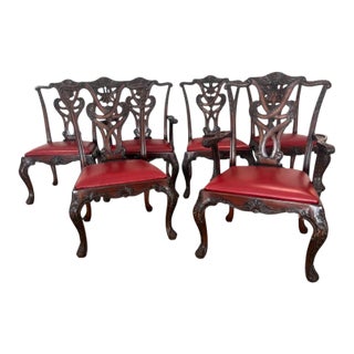 Set of Six Henredon Chippendale-Style Dining Chairs With Red Leather For Sale
