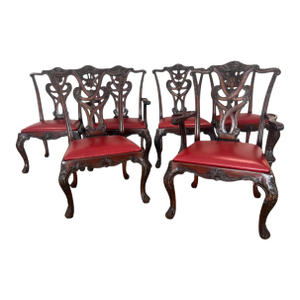 Set of Six Henredon Chippendale-Style Dining Chairs With Red Leather