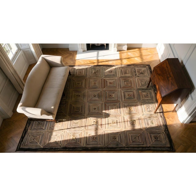 1890s Camel Log Cabin Folk Art American Hooked Rug 4' 5' 'X 4' 5'' Wowen Wool Carpet For Sale - Image 15 of 16