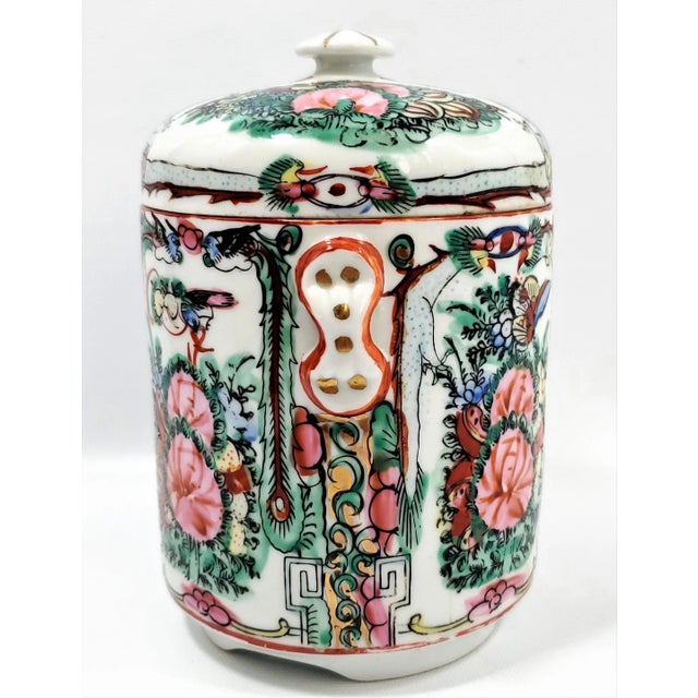 Bristol Porcelain Vintage Chinese Rose Medallion Porcelain Tea Canister With Phoenixes Butterflies and Pink Flowers For Sale - Image 4 of 12