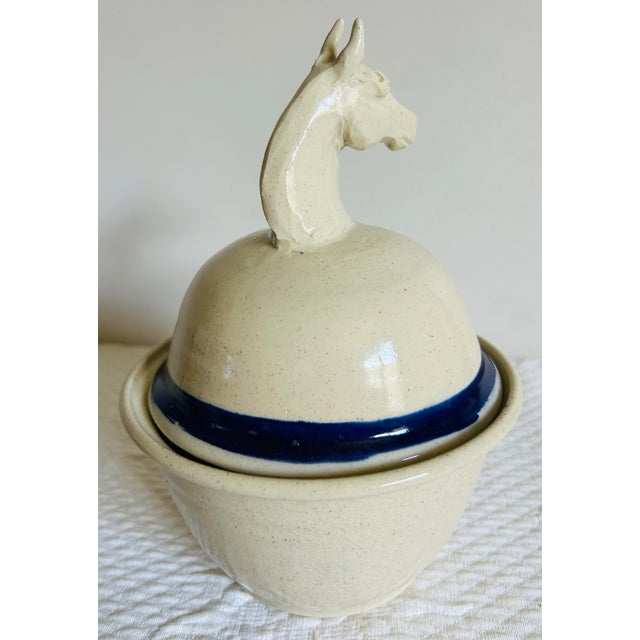 Vintage 1990 unique artisan made, studio pottery stoneware covered serving dish. Features a beautiful horses head on the...