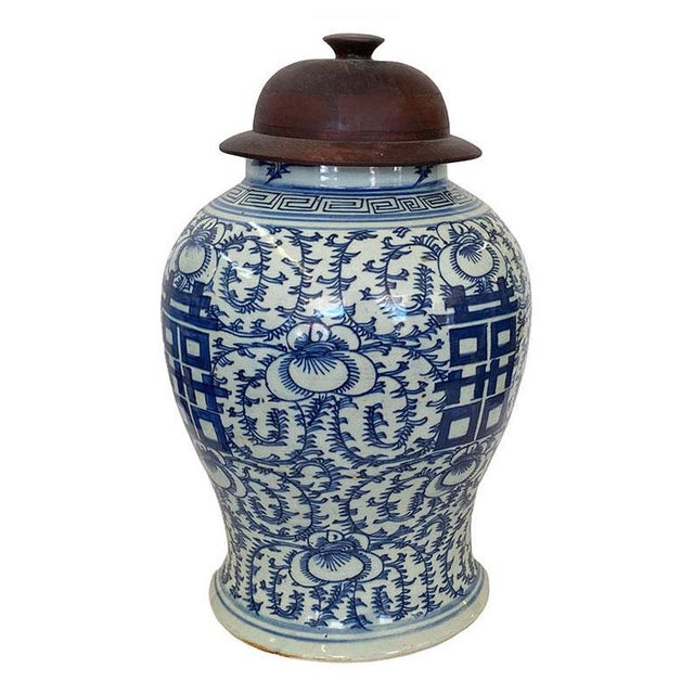 Antique Chinese Late Qing Dynasty Blue and White Temple Jars a Pair