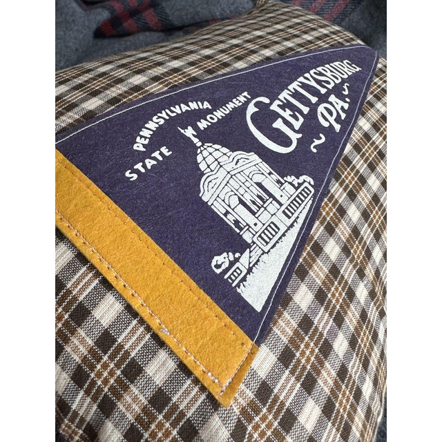 Description: Vintage Gettysburg, Pennsylvania Felt Pennant from around the 1960s, Unknown Date New brown plaid cotton...