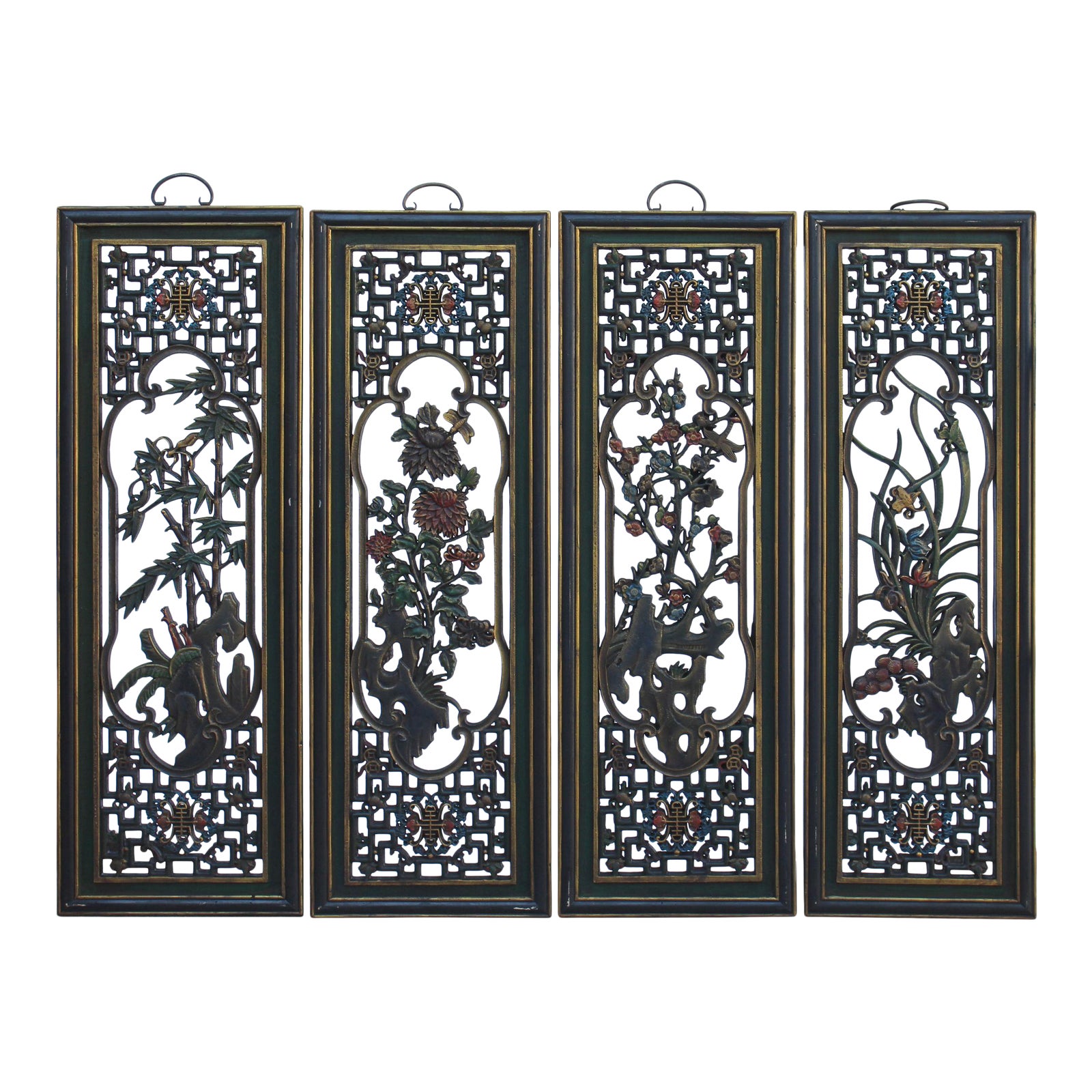 Chinese Color Painted 4 Seasons Flower Wooden Wall 4 Panels Set Chairish