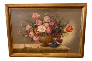 French Floral Still Life Painting on Canvas by Corbe