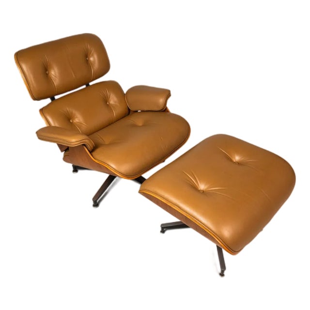 Authentic Eames Lounge Chair Model 670 & Ottoman Model 671 in Original Cognac Leather & White Oak Attributed to Herman Miller, Usa, Circa 2007 For Sale