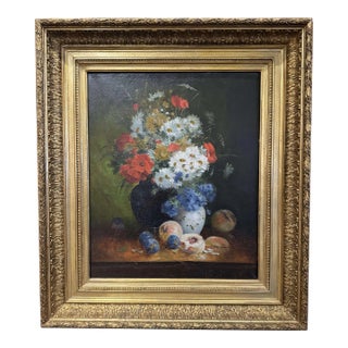 19th Century French Floral Still Life Oil Painting in Carved Giltwood Frame For Sale