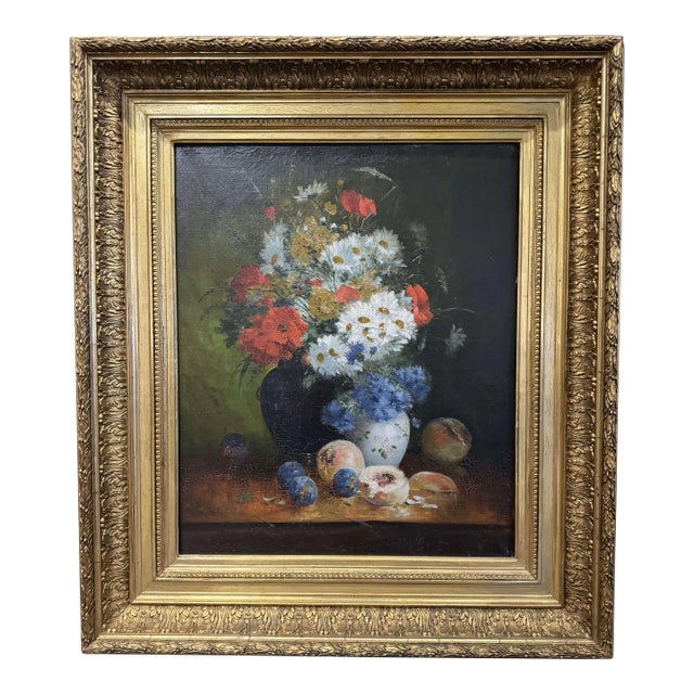 19th Century French Floral Still Life Oil Painting in Carved Giltwood Frame For Sale