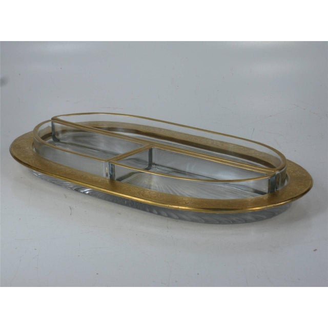 Gold 1950s Ovel Racetrack Style Divided Tray 3 Serving Inserts Vintage Pressed Glass Gold Racetrack Style For Sale - Image 8 of 12