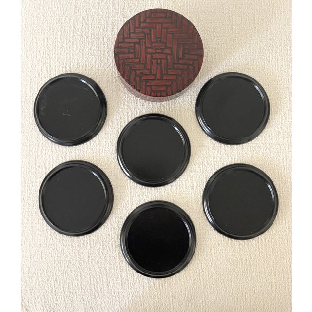 Vintage Chinoiserie Style Red Lacquerware Faux Bamboo Coaster Set by Otagiri - Set of 6 For Sale - Image 15 of 17