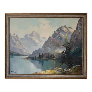 Vintage Snow-Capped Mountains & Lake Landscape Painting For Sale