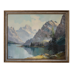 Vintage Snow-Capped Mountains & Lake Landscape Painting