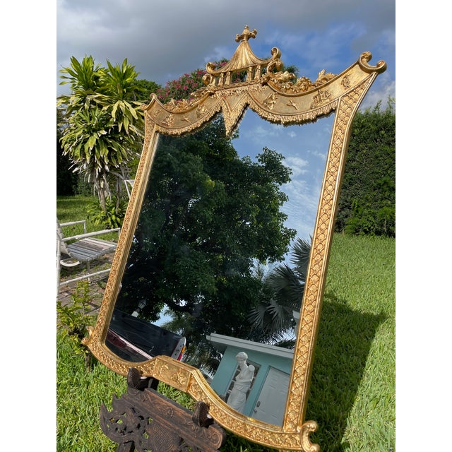 Chinoiserie 1960s Large Regency Chinoiserie Pagoda Mirror in Gold Leaf, Newly Restored, 51.5”h For Sale - Image 3 of 12