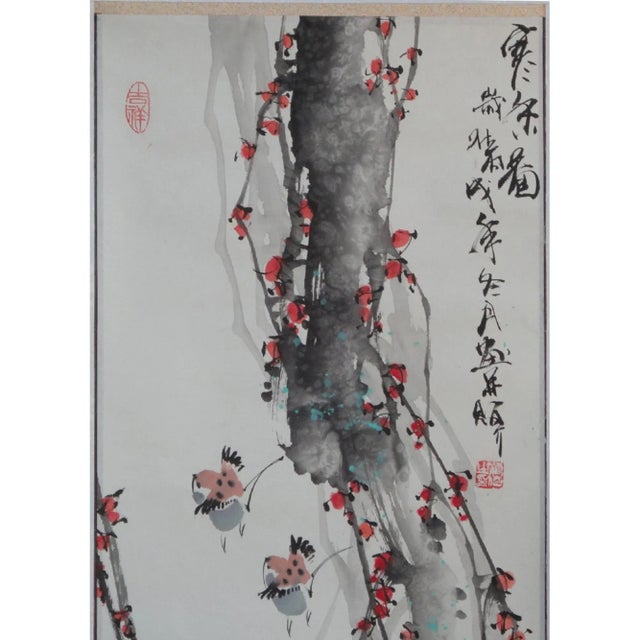Chinese Chinese Hand Painted Plum Tree Blossoming in Winter Motif Hanging Scroll For Sale - Image 3 of 5