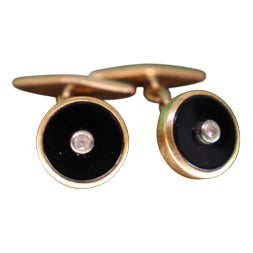 Oval-Shaped Gold Cufflinks with Zirconias, Set of 2 For Sale
