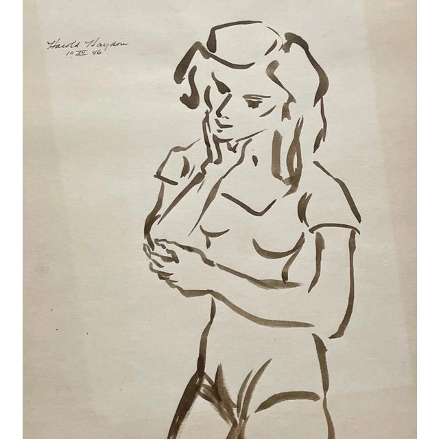 A 1946, ink on paper figure study of a standing dancer by artist Harold Haydon . Matted to 12" x 16". Harold Emerson...