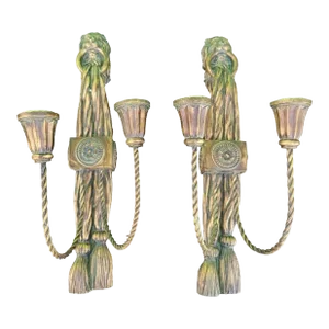 Vintage Lion Head Braided Draped Tassel Double Arm Antique Gold Candle Holders- a Pair